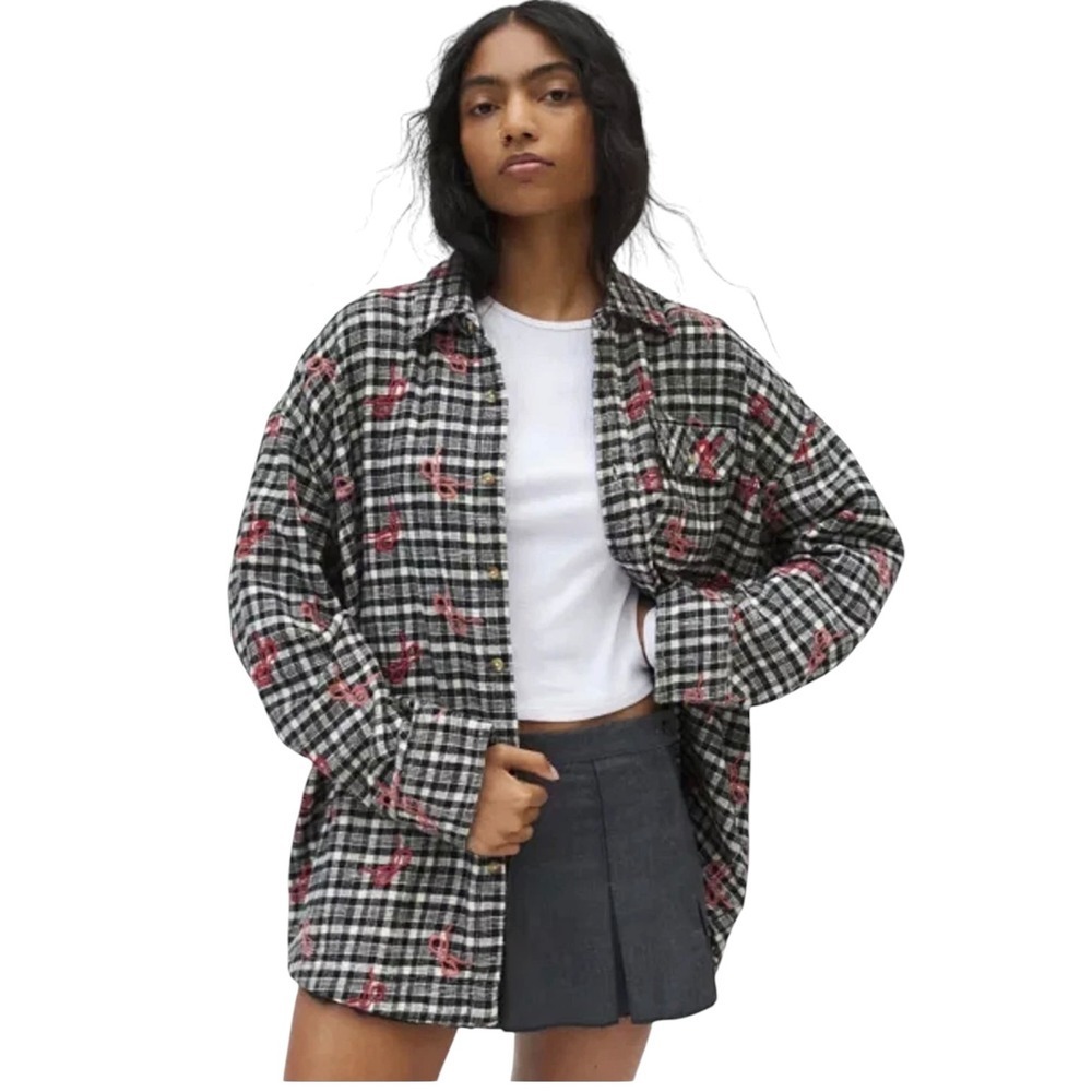 BDG Flannel Shirt Size M Black White Bow Embroidered Plaid Oversized Button Down